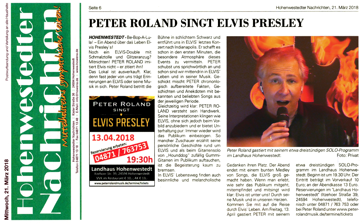 Hohenwesdtedter Nachrichten Peter Roland singt Elvis Presley im Landhaus Hohenwestedt